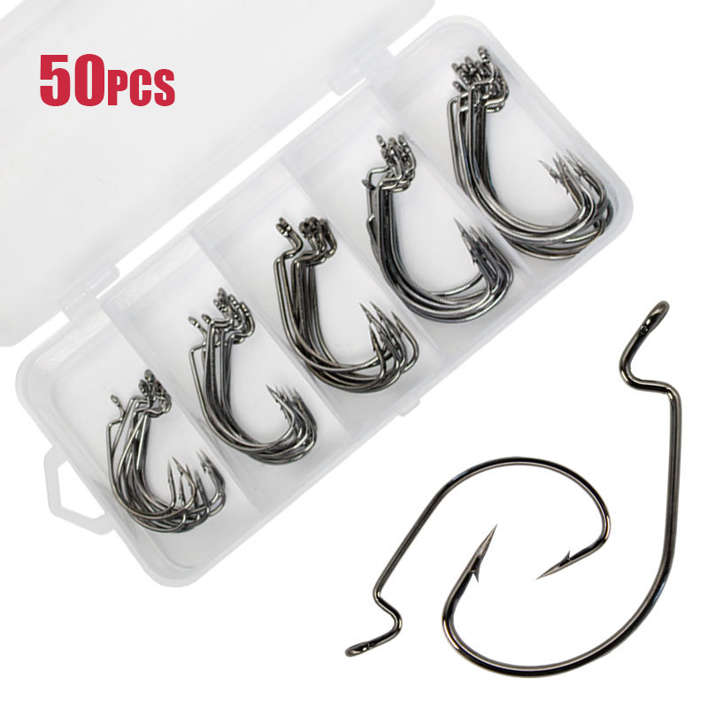 Fishing Hook Offset - 50pcs 와이드 웜 후크 탄소강 오프셋